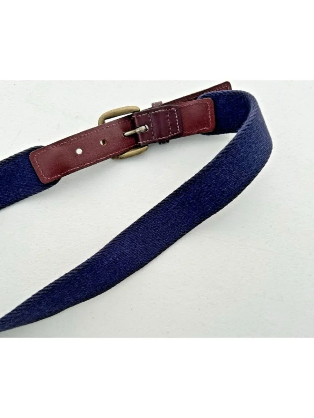 Vintage Navy Mahogany Webbed Leather Belt Netherlands Men’s Size 32 Brass Buckle